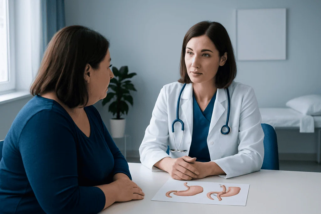 Doctor consulting patient about gastric surgery options at Acibadem Hospital.