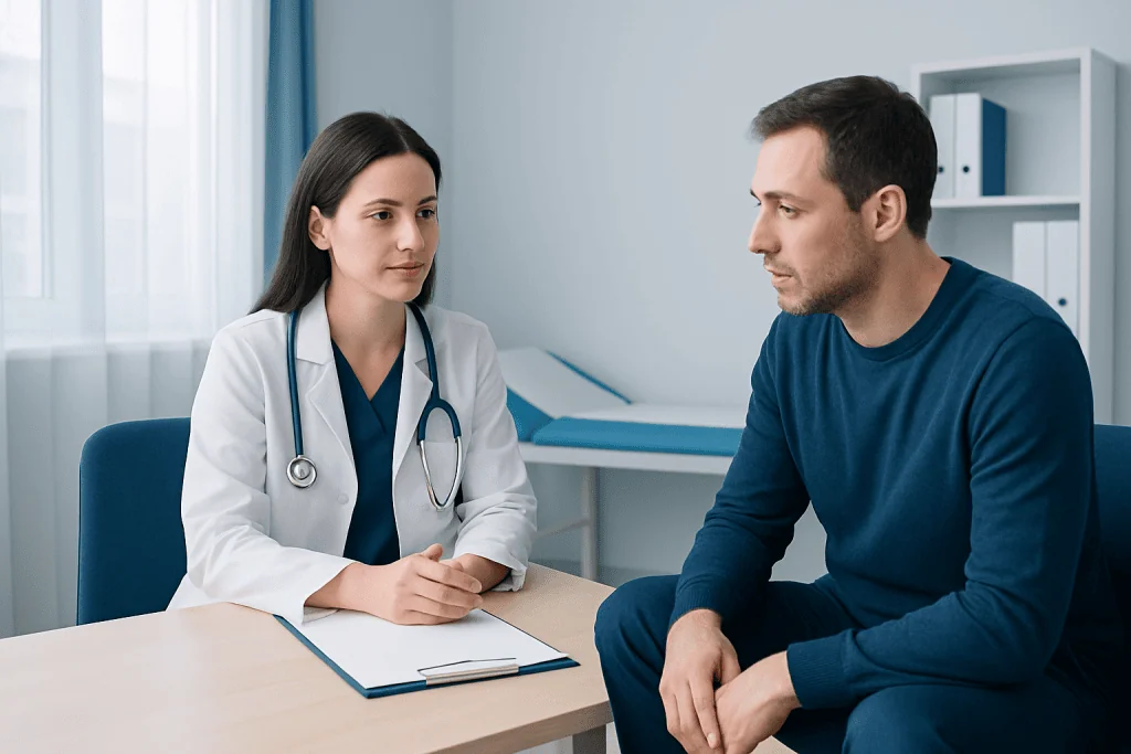 Doctor consulting with patient in a medical office setting.