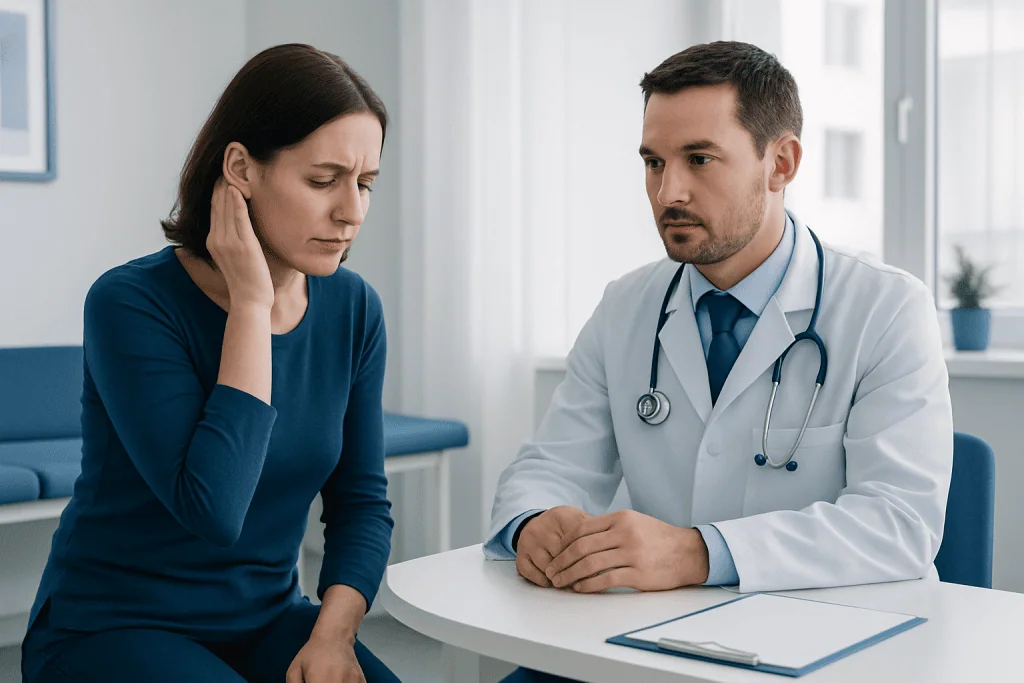Doctor consulting with a woman patient about ear pain or health issues.