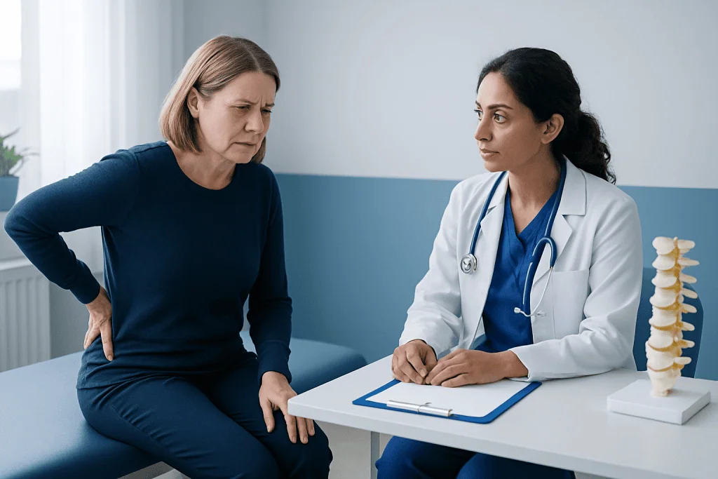 Doctor consulting with a patient about back pain and spinal health.