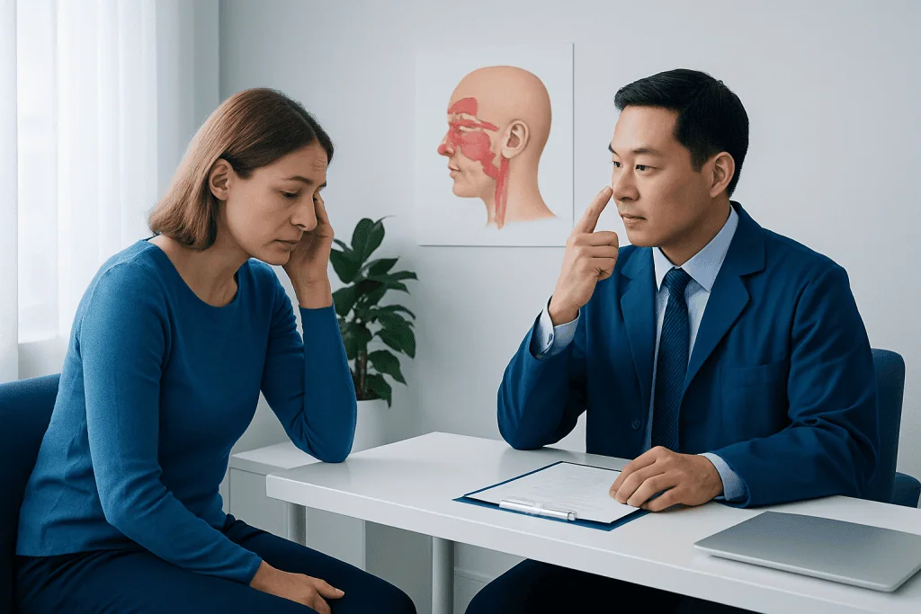 Doctor explaining nasal anatomy to patient during consultation at Acibadem Hospital.