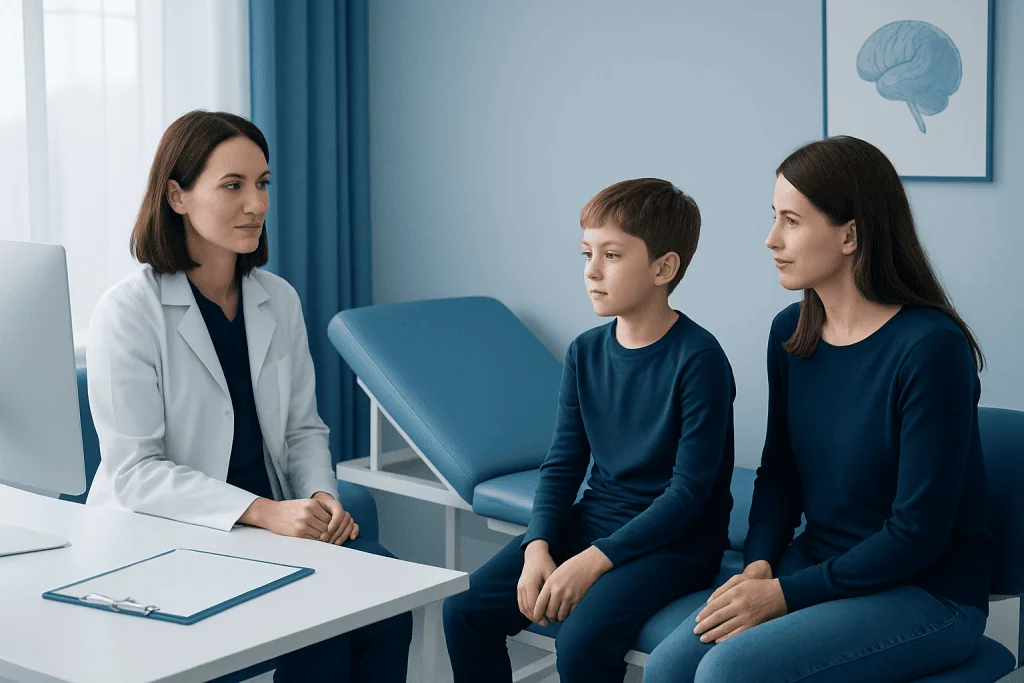 Pediatric neurologist consulting with a young boy and his mother in a clinic.
