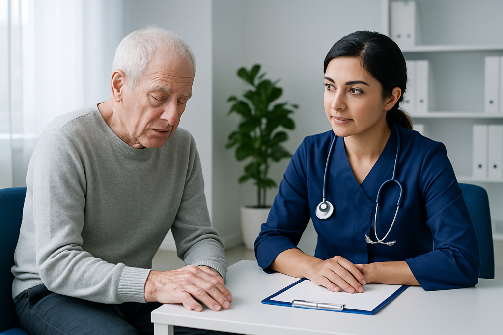 Older adult patient consulting with a healthcare professional in a clinic setting.