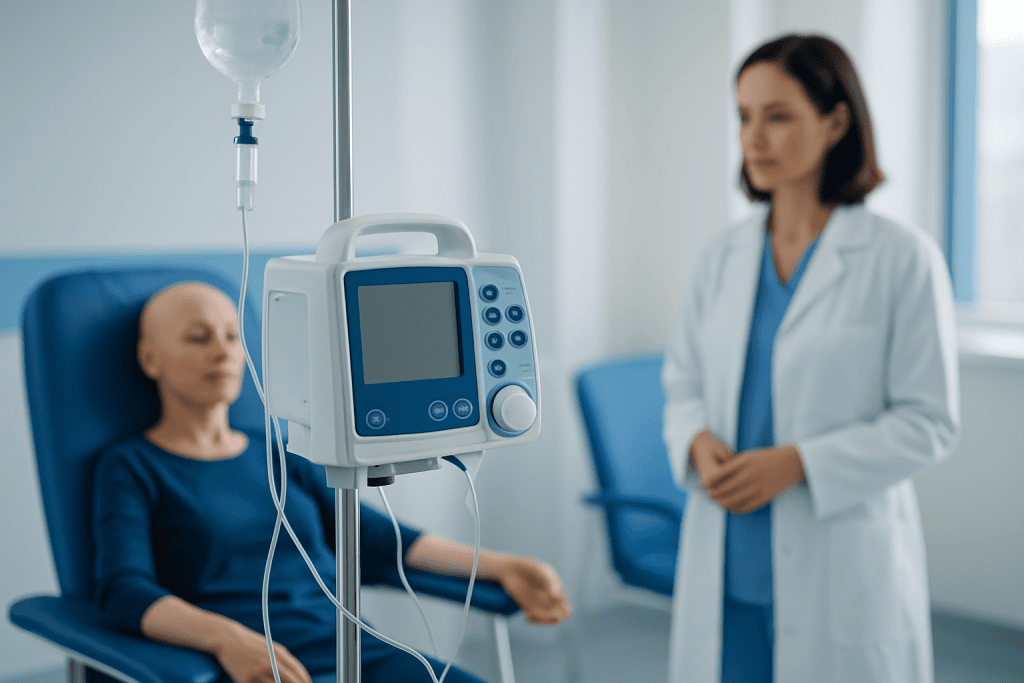 Patient receiving IV treatment in a hospital room with medical staff present.