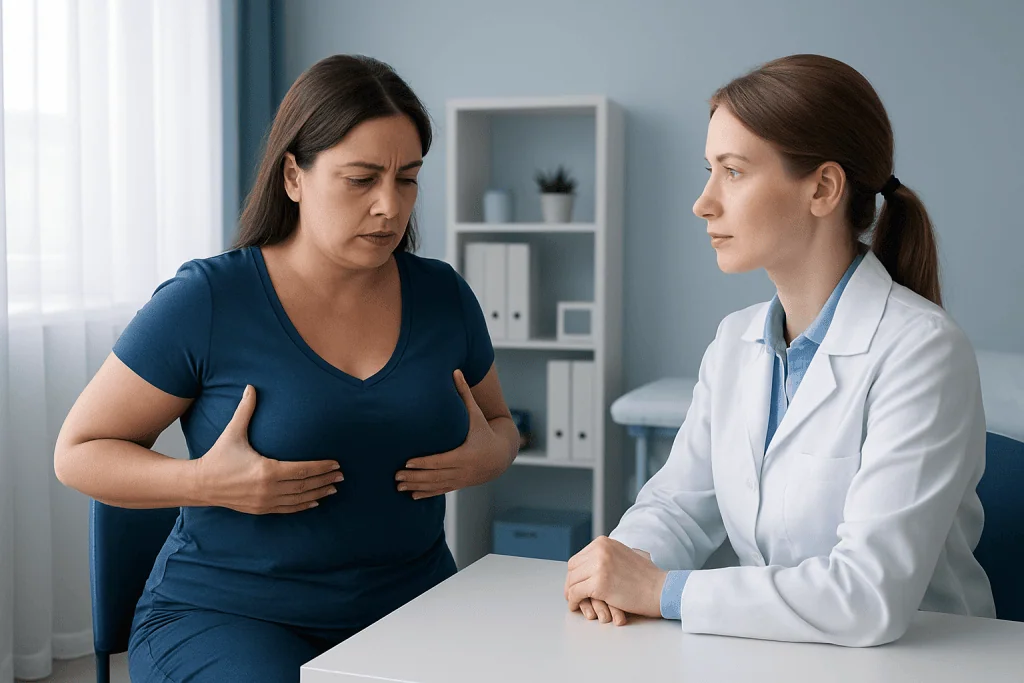 Woman consulting with doctor about breast health in a medical office.