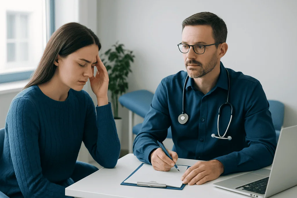 Doctor consulting with a patient about headache symptoms in a clinic setting.