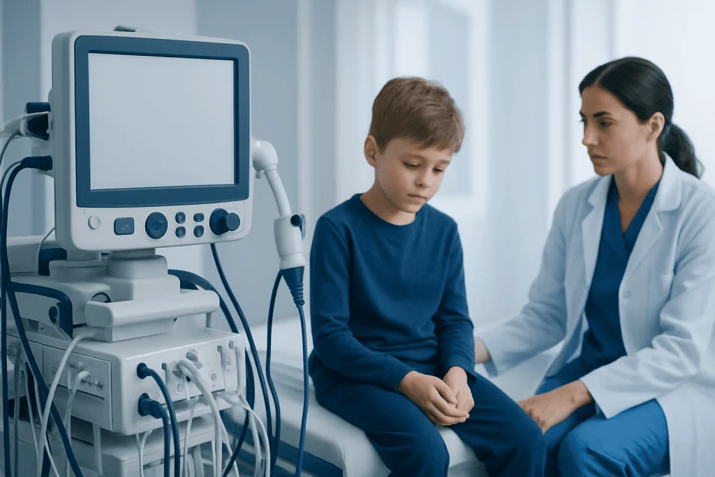 Child undergoing neurological examination with medical staff and monitoring equipment.
