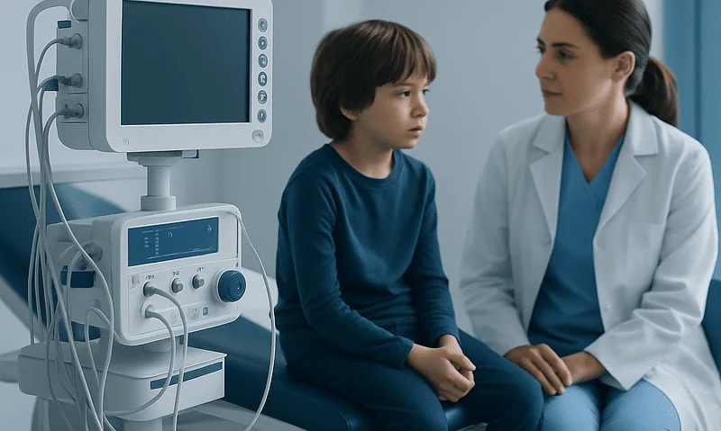 Child undergoing medical examination with doctor in hospital setting.