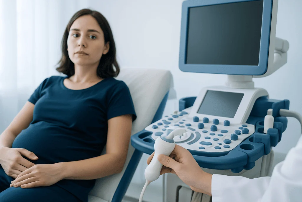 Woman undergoing an ultrasound examination in a medical clinic.