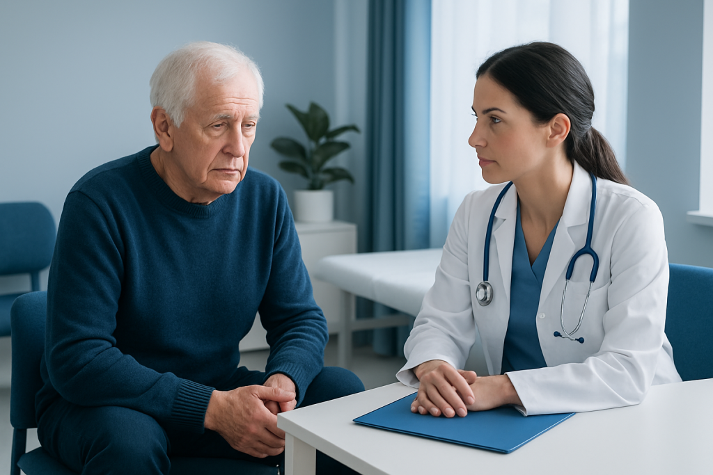 Doctor consulting with elderly patient in a medical office.