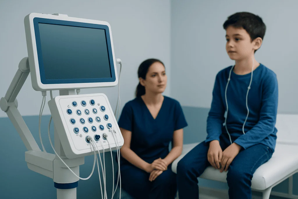 Pediatric neurologist with a young patient during a neurological exam.