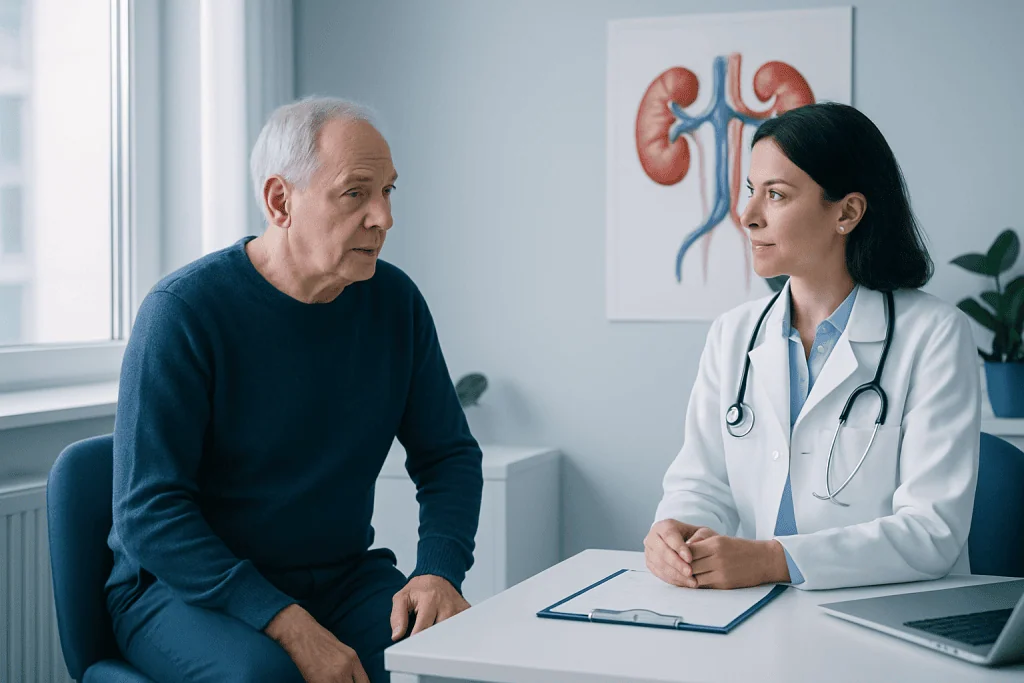 Doctor consulting with an elderly male patient about kidney health.