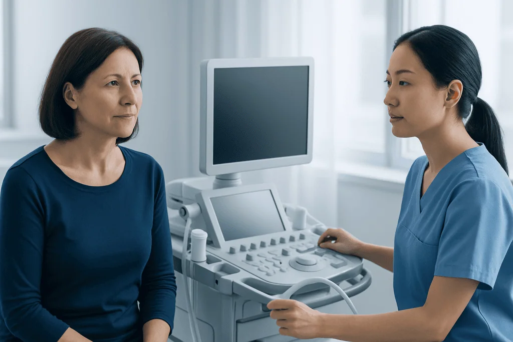Doctor explaining ultrasound results to a patient in a hospital setting.
