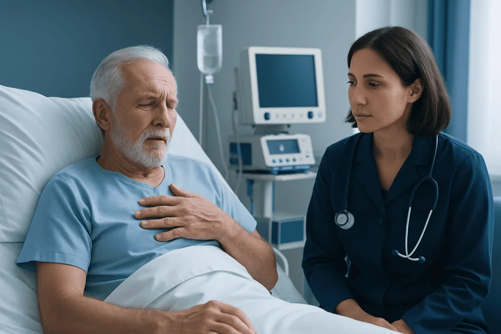 Elderly patient with chest pain consulting a nurse in hospital.