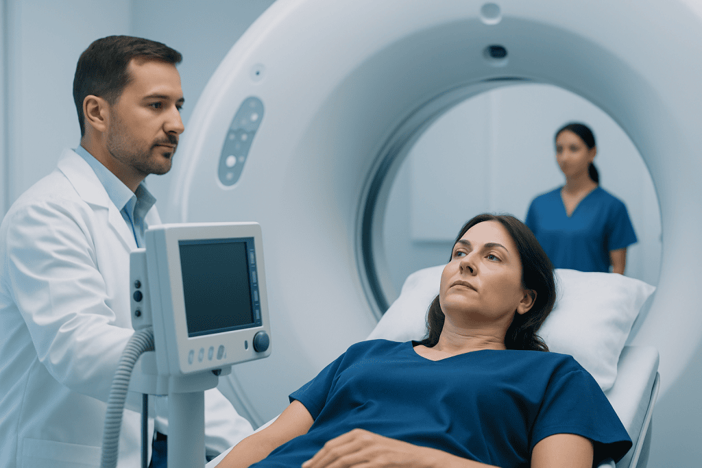 Doctor consulting patient before a CT scan at Acibadem Hospital.