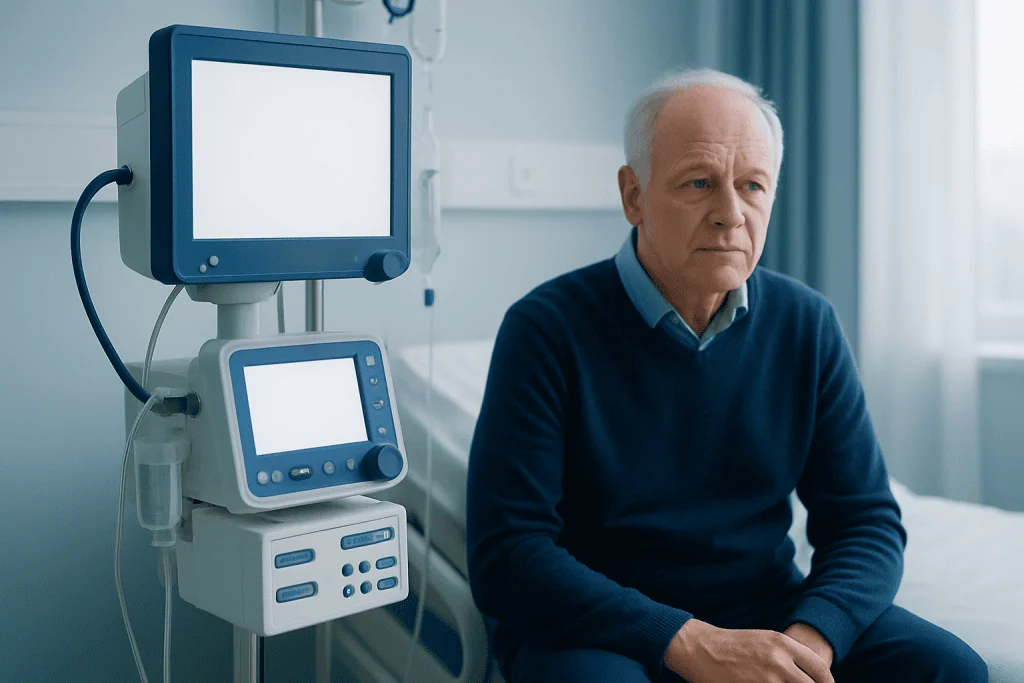 Elderly man in hospital room with medical monitors.