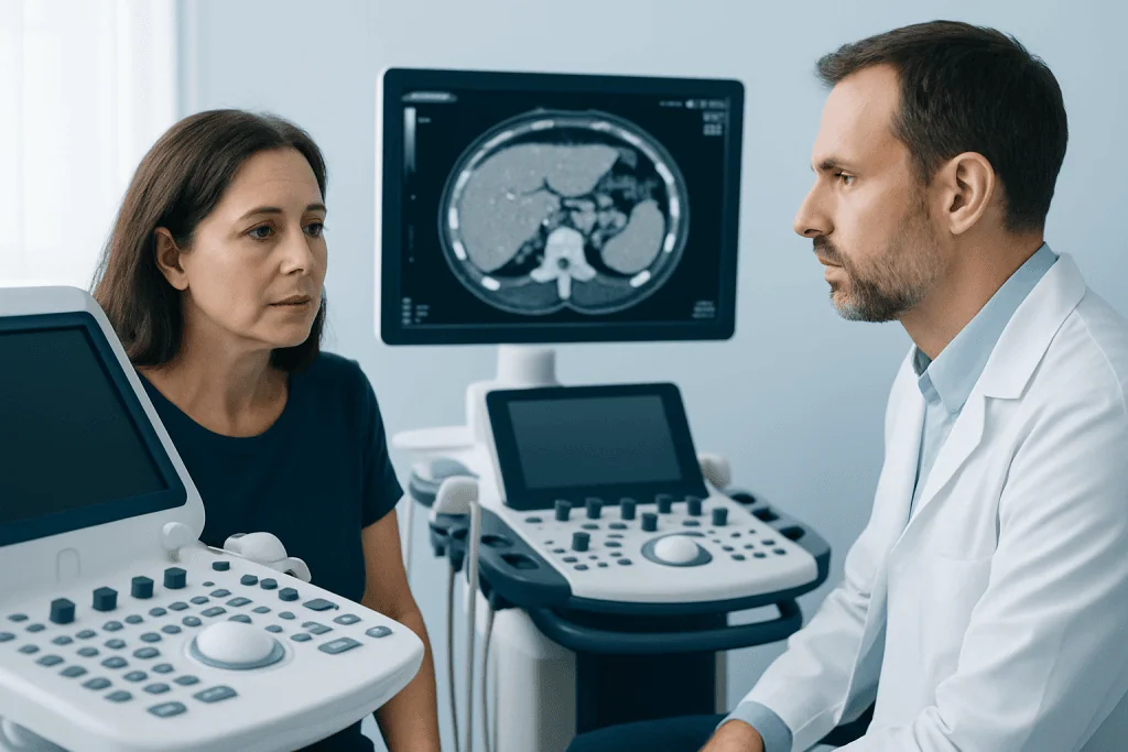 Doctor discussing pancreatic health with a patient in a medical office.