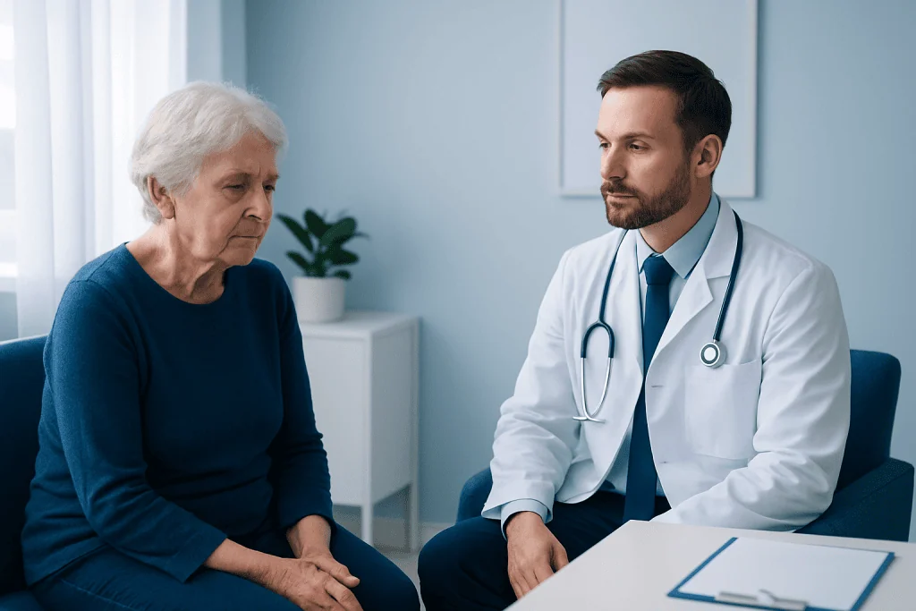 Doctor consulting with elderly woman in a medical office setting.