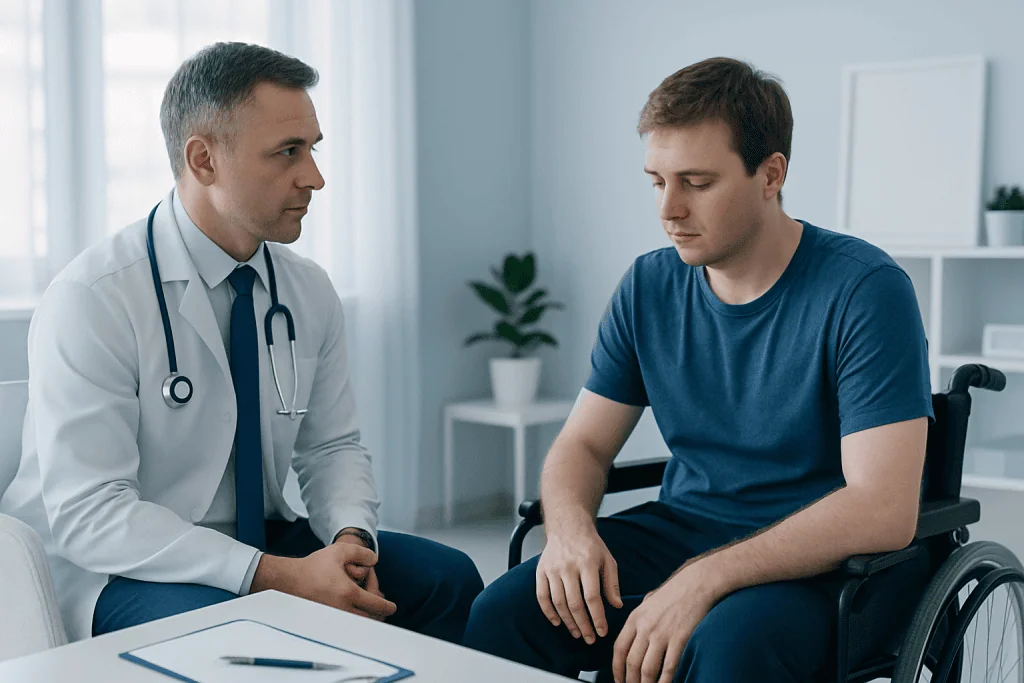 Doctor consulting with a young man in a wheelchair in a medical office.