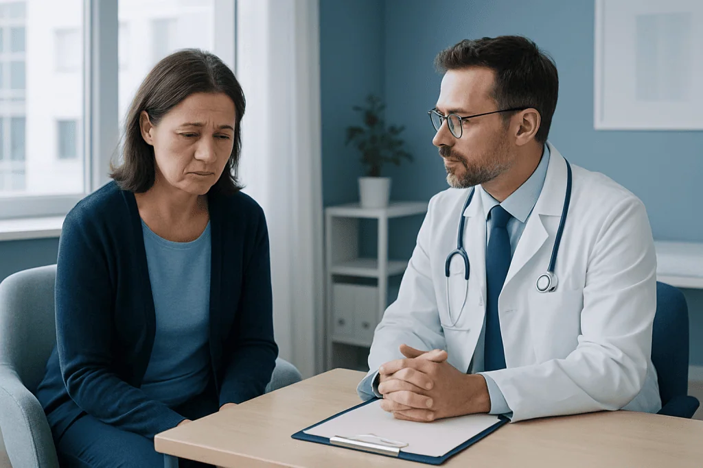 Doctor consulting with a worried female patient in a medical office.