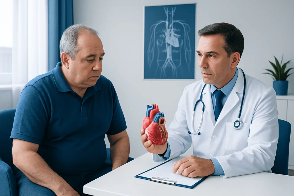 Cardiologist explaining heart anatomy to patient in consultation room.