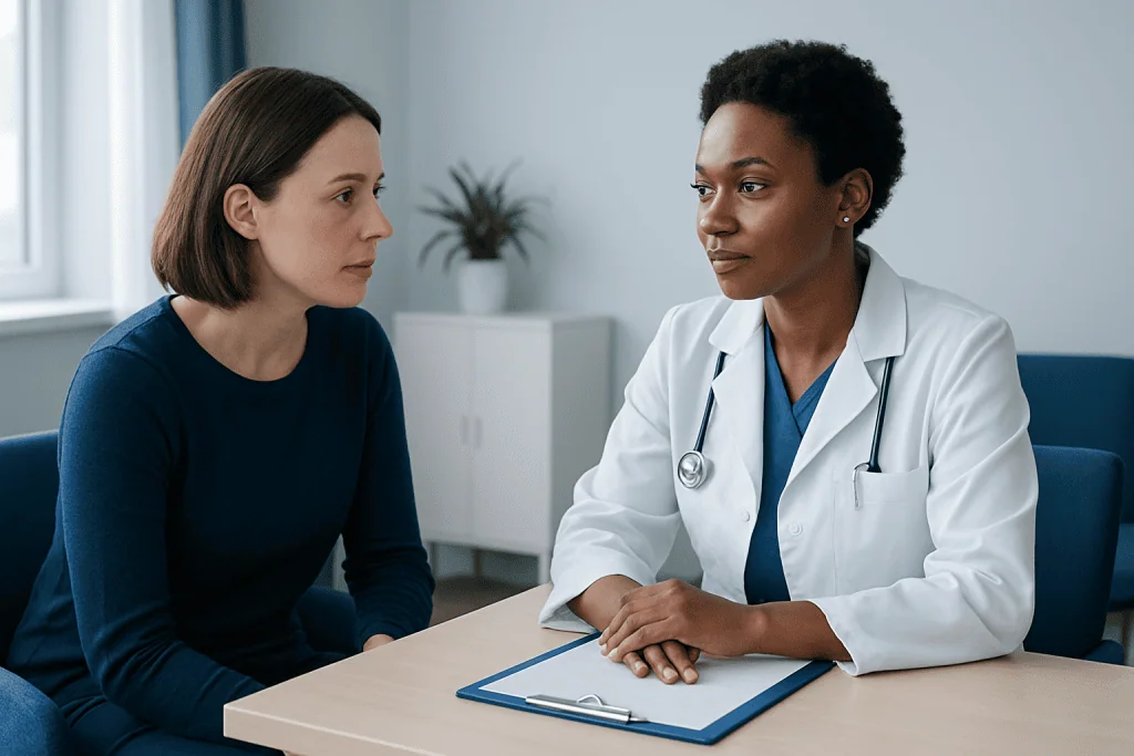 Doctor consulting with patient in a medical office.