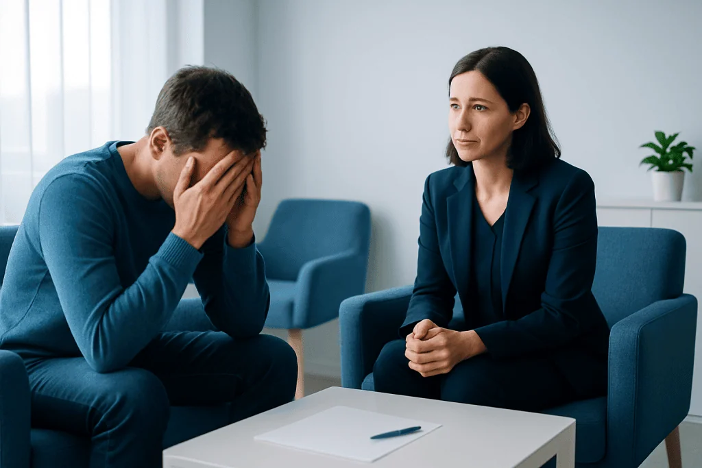 Therapist listening to a distressed patient in a counseling session.