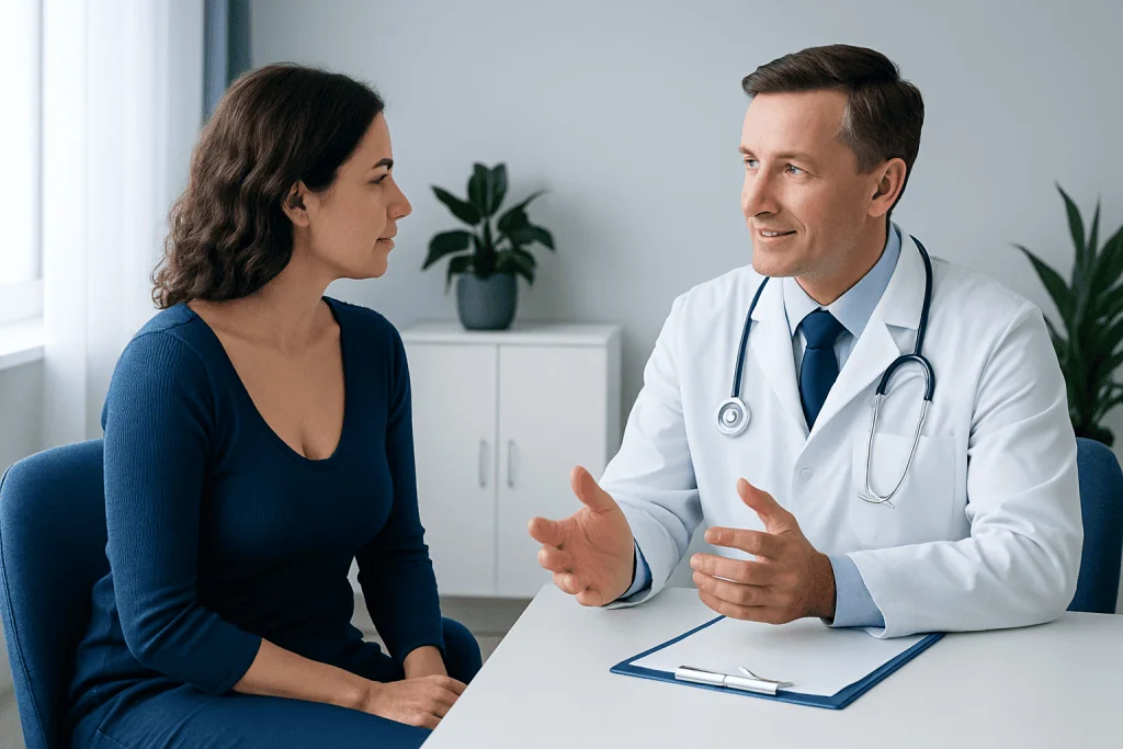 Doctor consulting with a woman patient in a medical office.