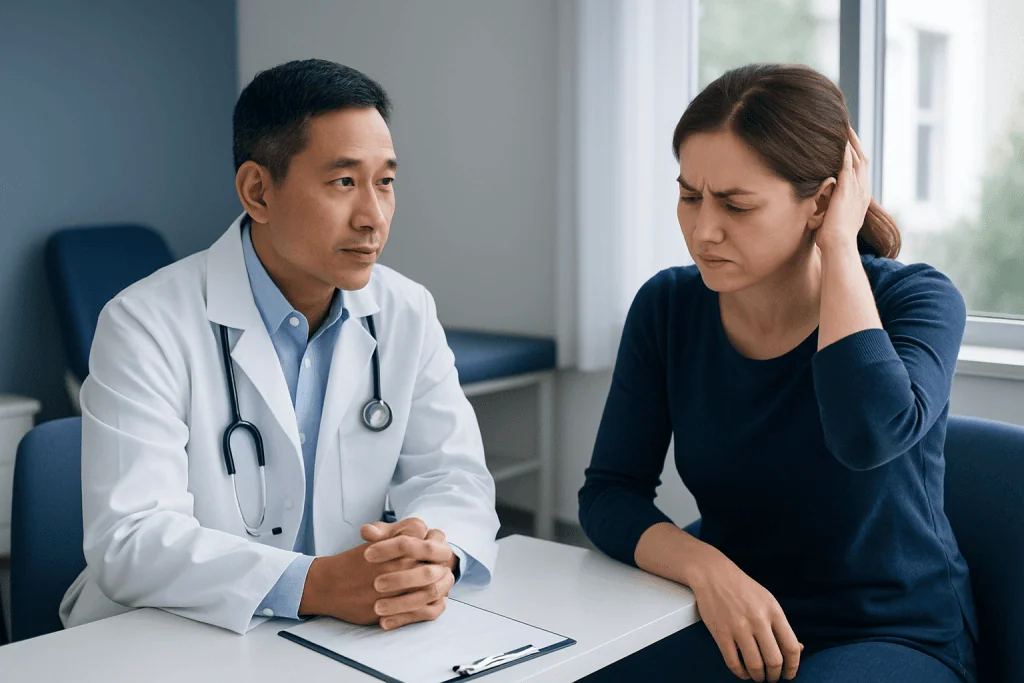 Doctor consulting with a patient about headache treatment options at Acibadem Hospital.