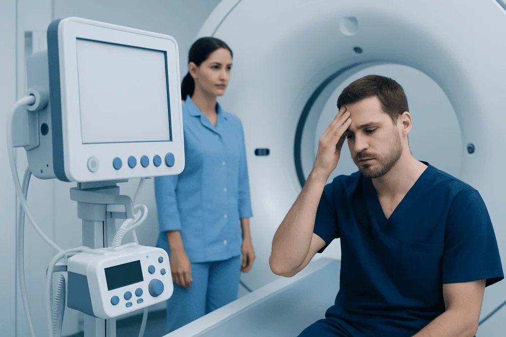 Man with headache during MRI scan at Acibadem Hospital.