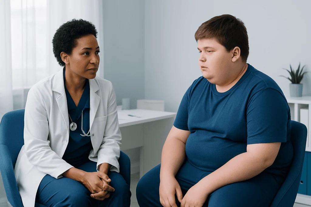 Doctor consulting with an overweight adolescent patient in a medical office.