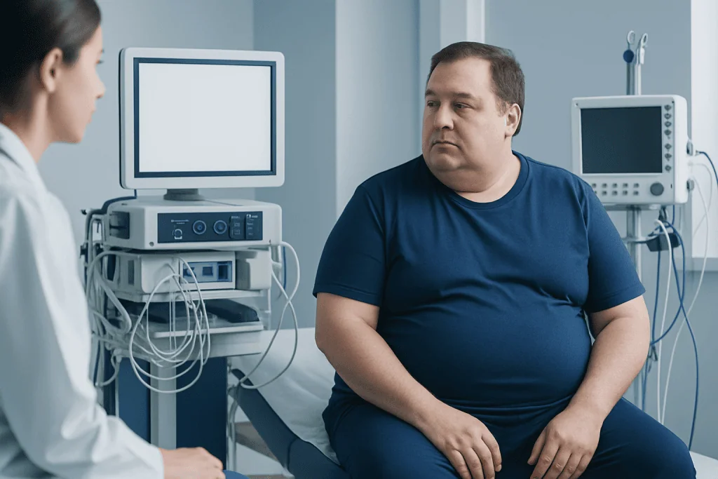 Doctor consulting a patient in a medical examination room with monitors and medical equipment.