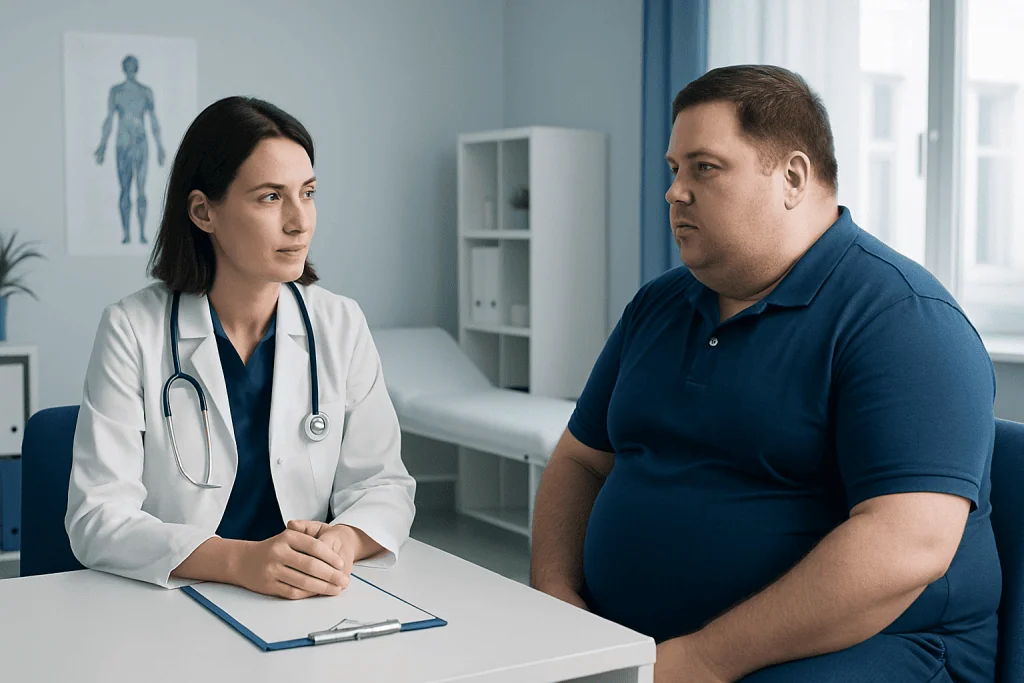 Doctor consulting with a male patient in a medical office setting.