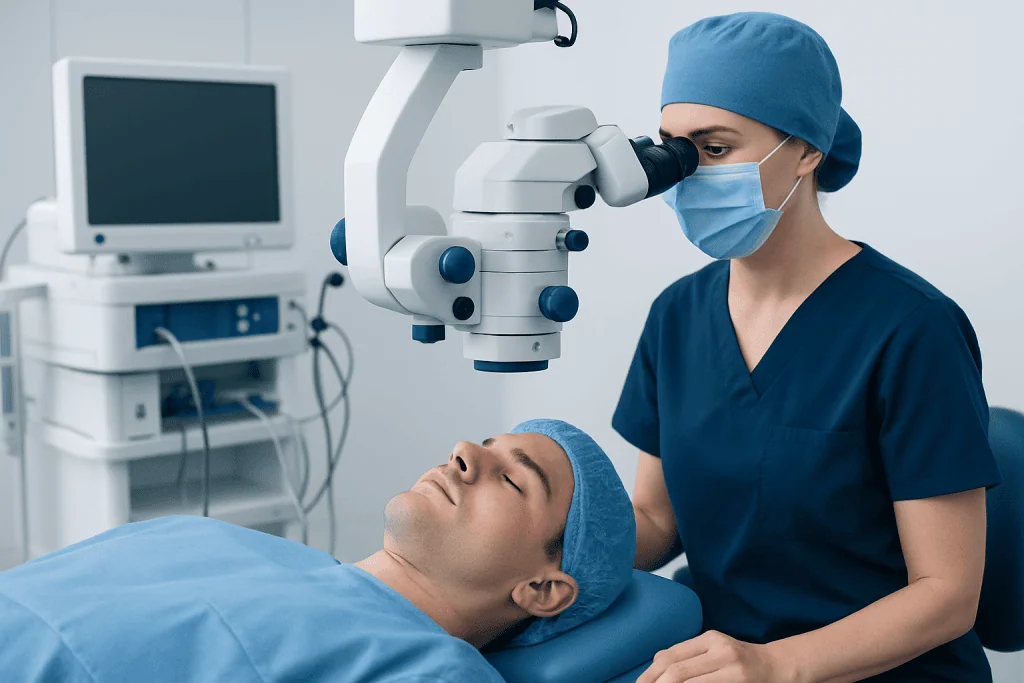 Ophthalmologist performing eye examination with microscope at hospital.