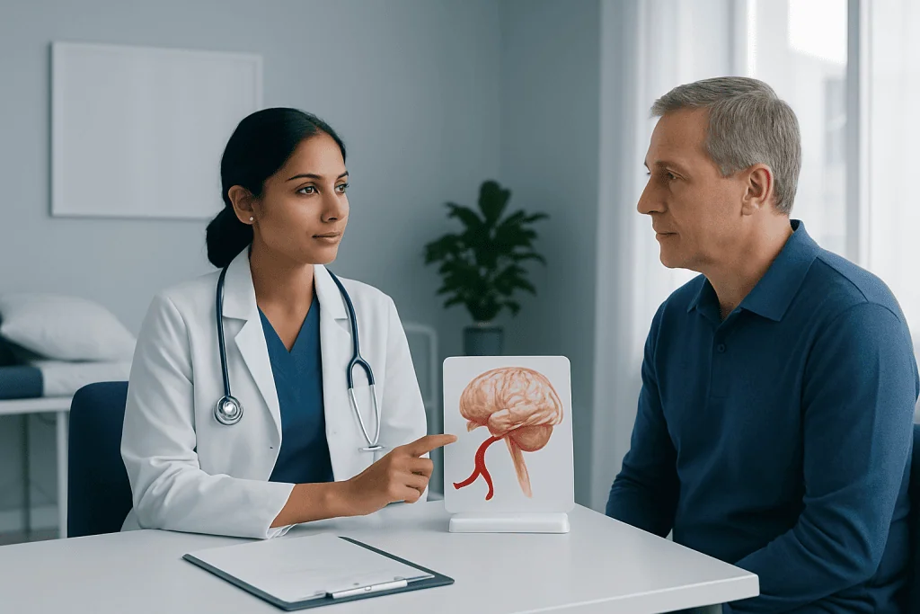 Doctor explaining brain aneurysm to patient with model and diagram.