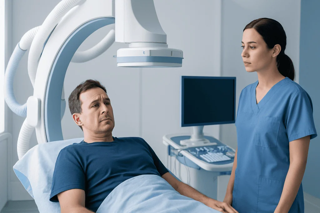 Medical professional discussing with patient in hospital room.