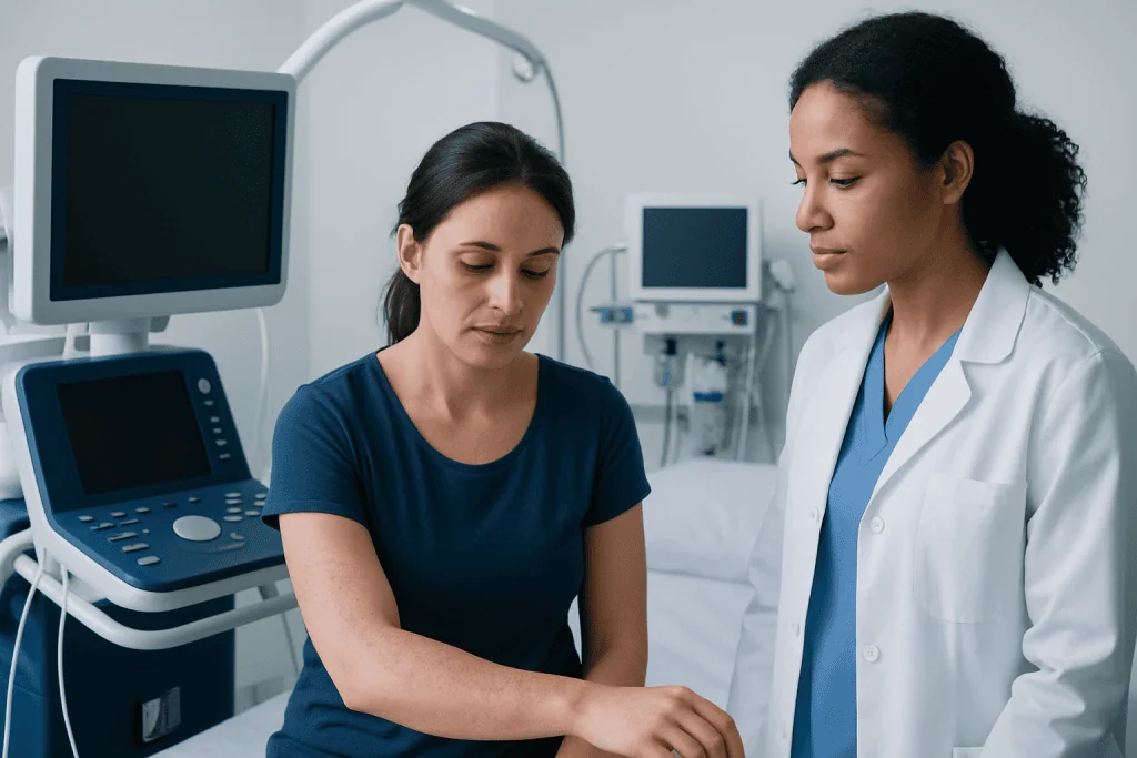 Doctor examining a patient in a hospital room with medical equipment.