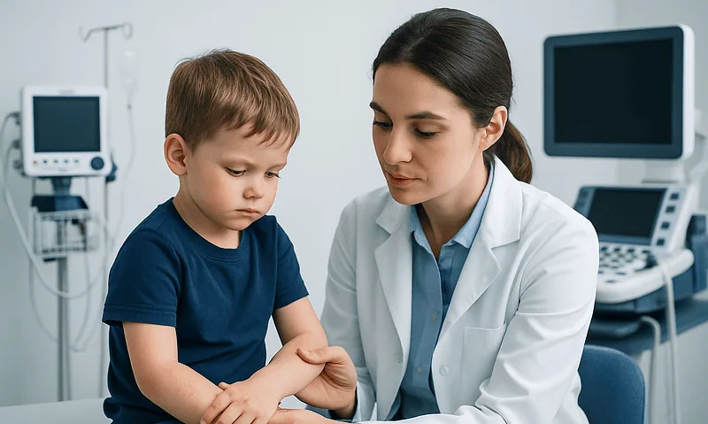 Pediatric doctor examining a young boy in a hospital setting.