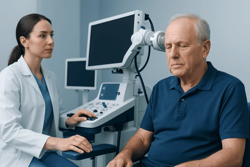 Doctor performing an ultrasound examination on an elderly male patient.
