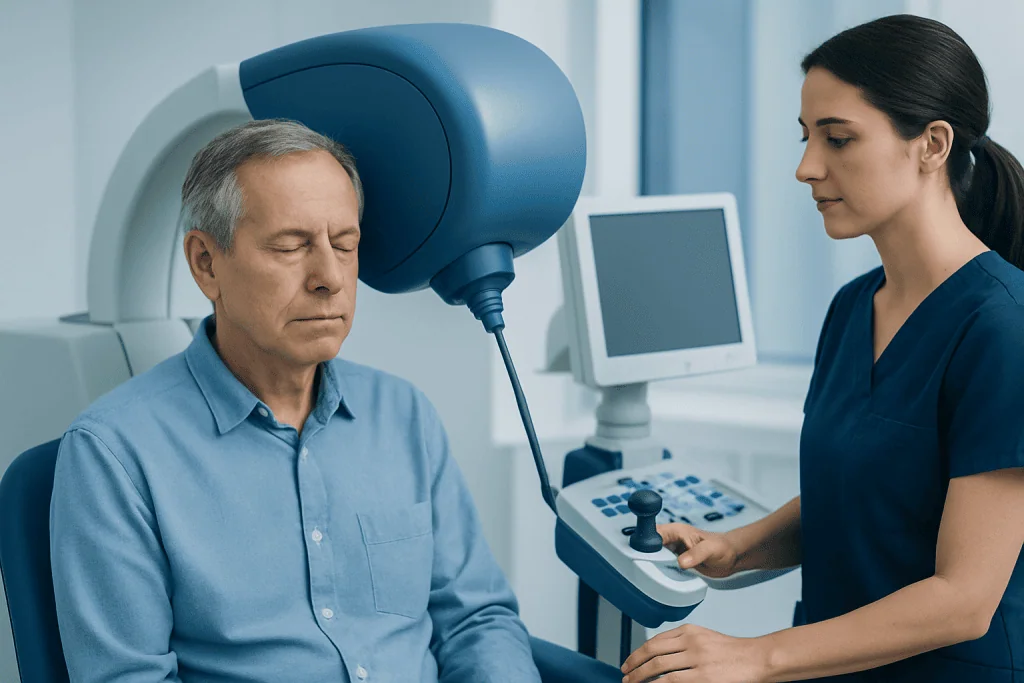 Doctor performing a neurological exam on a patient with a specialized device.