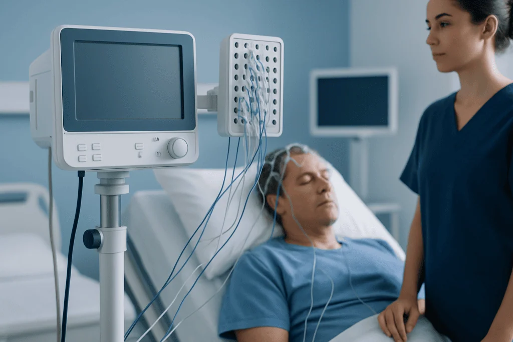 Patient undergoing neurological monitoring in a hospital setting.
