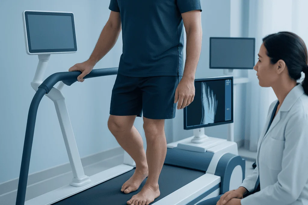 Patient undergoing a foot X-ray examination in a medical facility.