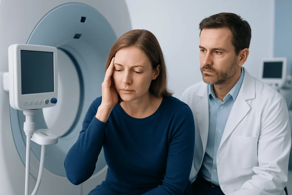Patient experiencing headache during brain scan at Acibadem Hospital.