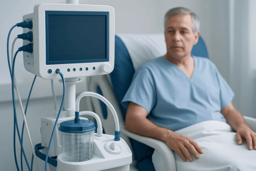 Patient in hospital bed connected to medical monitor for treatment.