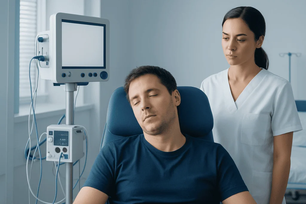 Patient undergoing sleep study with medical staff monitoring equipment.