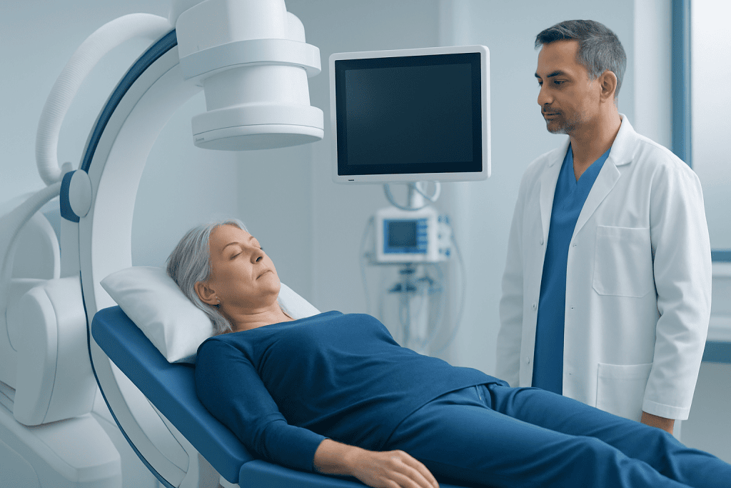 Medical professional monitoring patient during diagnostic imaging procedure.