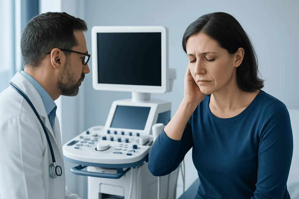 Doctor examining a woman with possible tinnitus symptoms in a clinical setting.