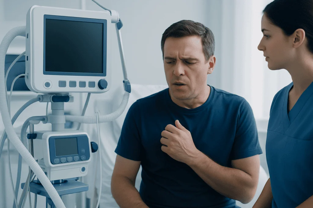 Patient experiencing chest discomfort during medical examination at Acibadem Hospital.