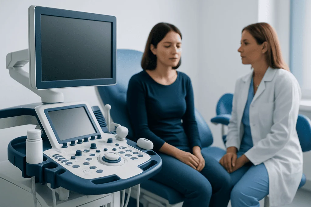 Medical consultation with ultrasound equipment in a clinic setting.