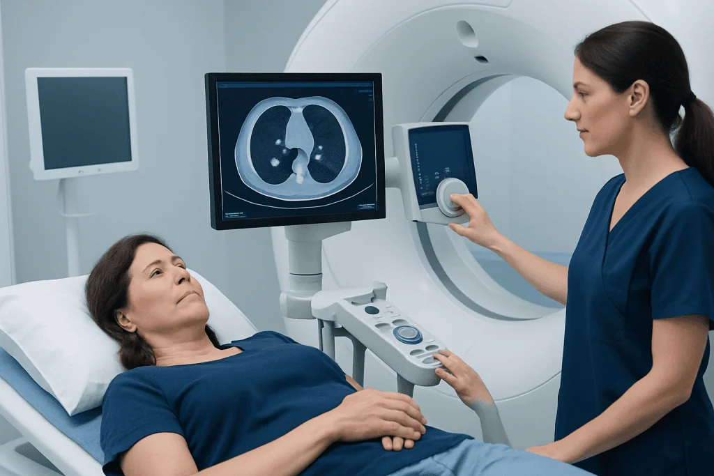 Medical professional performing a lung scan on a patient in a hospital setting.